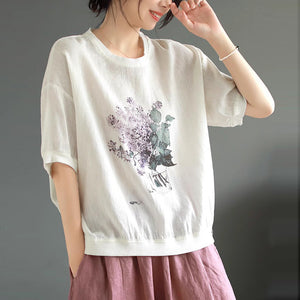 Áo T-shirt linen ngắn tay cổ tròn in mai xanh - NU10092