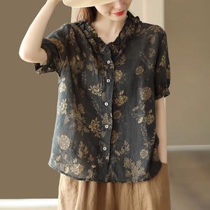 Áo sơ mi linen ngắn tay cổ V xếp ly in hoa liti - NU8926