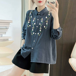 Áo sơ mi linen dài tay cổ đức thêu hoa song song trước ngực - NU10337