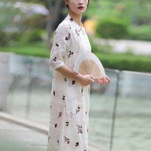 Đầm liền linen ngắn tay cổ tàu thêu hoa oải hương - NU10511