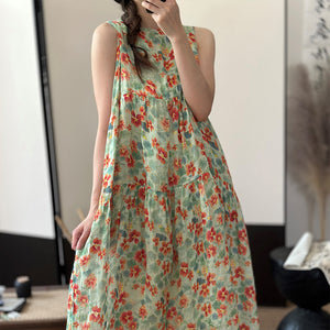 Đầm liền linen sát nách cổ tròn in hoa lá - NU8967