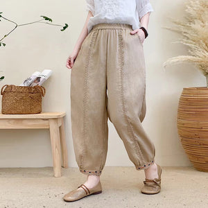 Quần baggy linen lưng thun ống côn thêu hoa lá - NU10248