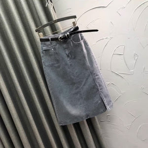 Chân váy denim retro túi kiểu kèm thắt lưng xẻ tà - V028