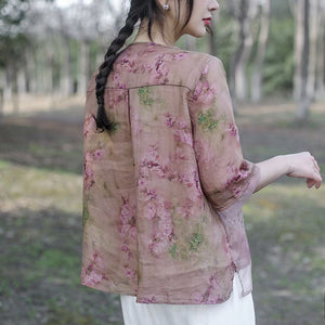 Áo sơ mi linen ngắn tay cổ V thêu hoa nổi hai lớp sắc màu - NU9917