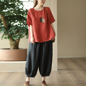 Áo T-shirt linen ngắn tay cổ tròn thêu cặp bình hoa - NU9885