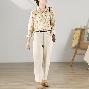Áo sơ mi linen dài tay cổ đức in hoa lá - NU9626
