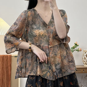 Áo sơ mi linen babydoll ngắn tay cổ V in hoa lá - NU9856