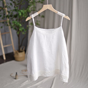 Áo T-shirt linen hai dây sát nách cổ V kiểu ren viền - NU8418