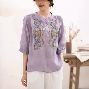Áo sơ mi linen ngắn tay cổ tròn thêu retro hai khuy - NU10062