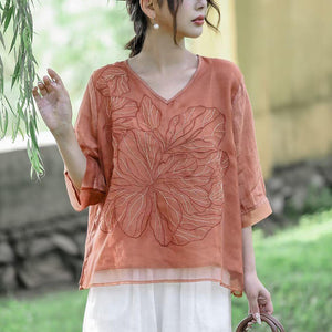 Áo sơ mi linen ngắn tay cổ V thêu hoa nổi hai lớp - NU9860