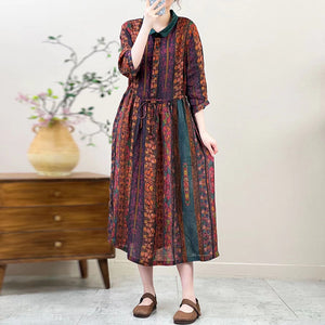 Đầm liền linen tay lửng cổ pipi in hoa lá kẻ sọc - NU10263