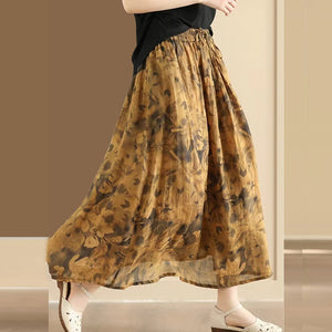 Chân váy linen retro lưng thun in hoa lá - NU10064