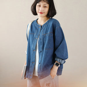 Áo khoác denim retro dài tay cổ tròn một túi vuông - NU9098