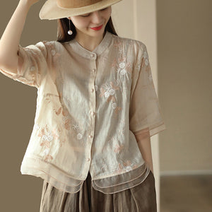 Áo sơ mi organza ngắn tay cổ tròn thêu hoa lá - A010