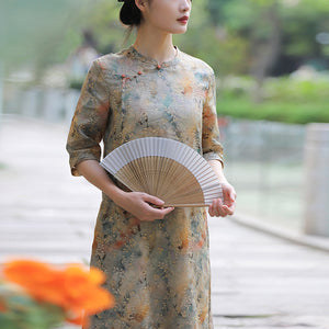 Đầm liền linen ngắn tay cổ tàu in hoa lá liti - NU10510