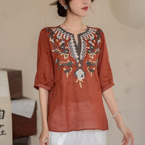 Áo sơ mi linen ngắn tay cổ tròn xẻ V thêu retro - NU10052