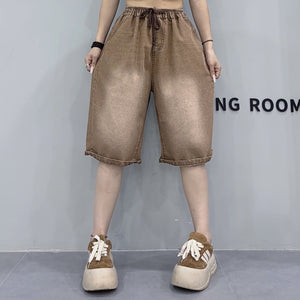 Quần sooc denim lưng thun dây rút kiểu bạc màu - Q189