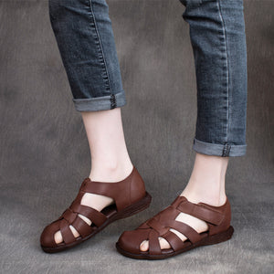 Giày da sandal retro đế bằng quai dán - OD2306