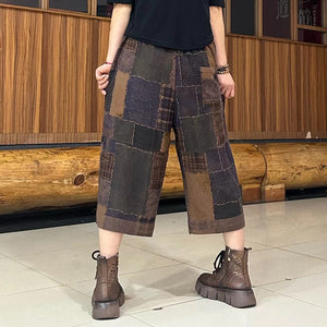 Quần baggy linen lửng lưng thun chắp vá hoa văn trừu tượng - NU10427