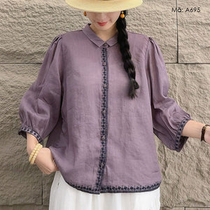 Áo sơ mi linen tay lửng cổ pipi thêu bo viền - A693