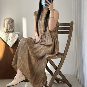Đầm liền linen sát nách cổ tròn in đồng màu - NU10111