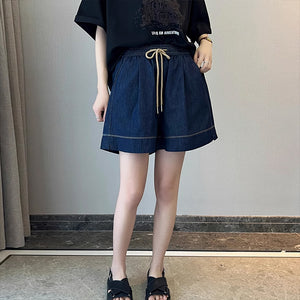 Quần sooc denim đơn sắc lưng thun dây rút một túi sau - NU8945