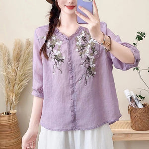 Áo sơ mi linen ngắn tay cổ V thêu hoa lá trước ngực - A006