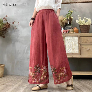 Quần baggy linen lưng thun ống rộng thêu tranh - Q151