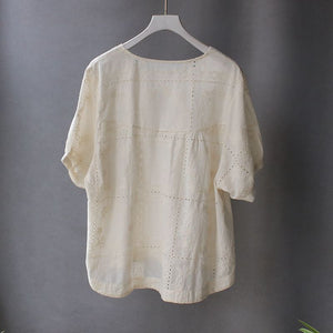 Áo T-shirt linen ngắn tay cổ tròn thêu hoa văn ô vuông - NU10234
