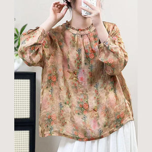 Áo sơ mi linen dài tay cổ tròn bèo in hoa lá - A753