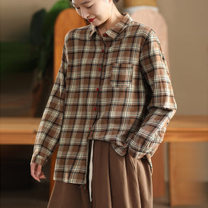 Áo sơ mi linen dài tay cổ đức kẻ caro một túi bo tròn - A699