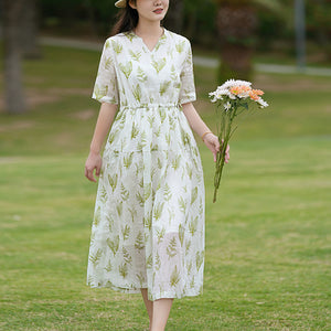 Đầm liền linen ngắn tay cổ V in những chiếc lá - NU8789
