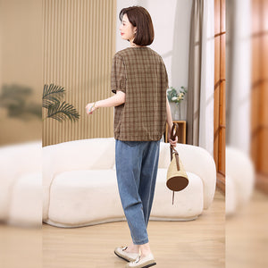 Áo sơ mi ngắn tay cổ V hai khuy kẻ caro - A908