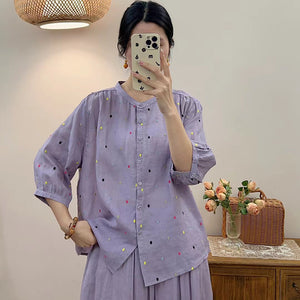Áo sơ mi linen ngắn tay cổ tròn thêu những chấm màu - NU10306