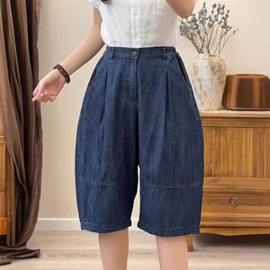 Quần sooc denim lưng thun khuy cài đan mắt cáo - NU10466