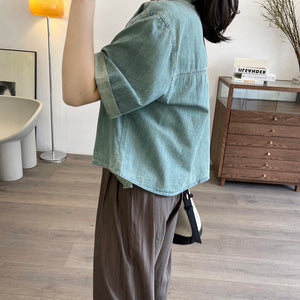 Áo sơ mi denim ngắn tay cổ thủy thủ hai túi vuông - NU8823