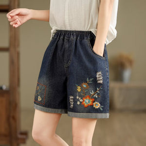 Quần sooc denim lưng thun cạp cao thêu hoa lá - Q198