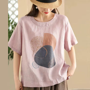 Áo T-shirt linen ngắn tay cổ tròn in hình học form rộng - NU10504