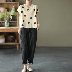 Áo T-shirt linen ngắn tay cổ V chấm bi - NU8683