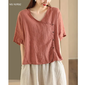 Áo sơ mi linen ngắn tay cổ V vạt lệch - NU9060