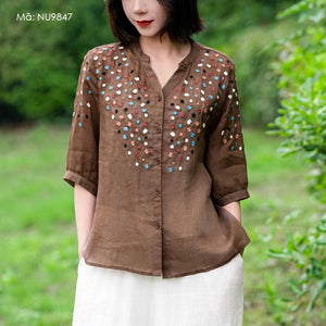 Áo sơ mi linen ngắn tay cổ V thêu hoa liti màu sắc - NU9845