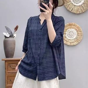 Áo sơ mi ngắn tay cổ tròn xẻ V một túi kẻ sọc - A071