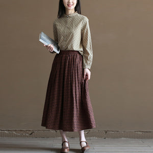 Chân váy linen retro lưng thun kẻ sọc caro - NU10021