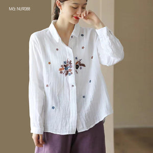 Áo sơ mi dài tay cổ pipi thêu hoa lá khuy ẩn - NU9086