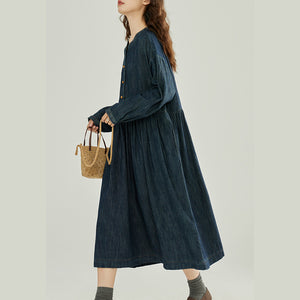 Đầm liền denim dài tay cổ trái tim khuy tròn - NU9793
