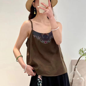 Áo T-shirt linen sát nách hai dây thêu hoa văn retro - NU9993