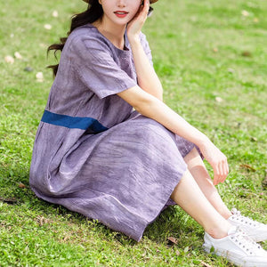 Đầm liền linen ngắn tay cổ tròn eo phối dải màu - NU9913