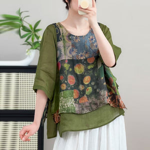 Áo sơ mi ngắn tay cổ tròn hoa văn retro kiểu hai mảnh - A972