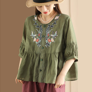 Áo sơ mi linen ngắn tay cổ tròn thêu hoa bướm - A731