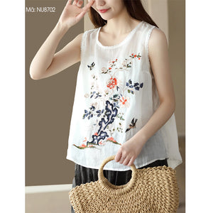 Áo T-shirt linen sát nách cổ tròn thêu tranh - NU8700